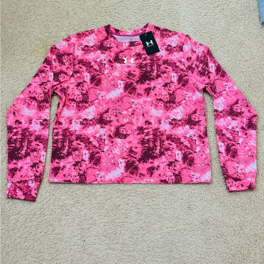 NWT Under Amour Women's Rival Terry Printed Crew T-Shirt in Pace Pink/White Sz L